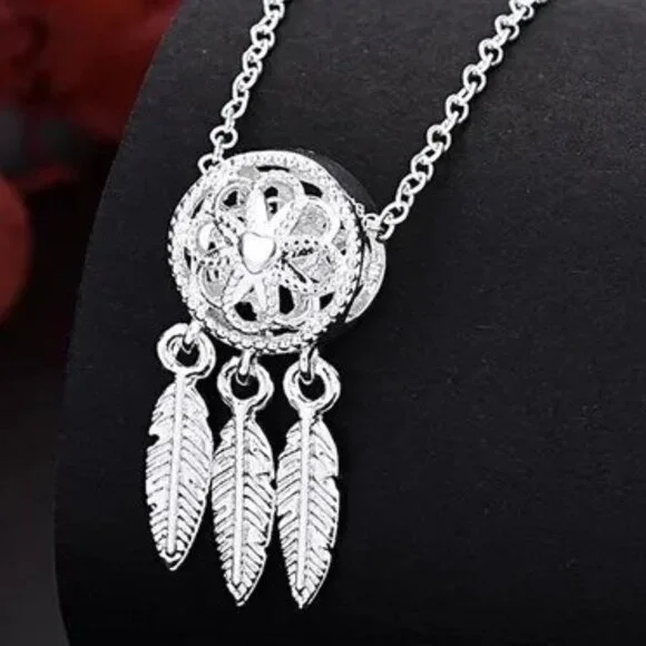925 Sterling Silver Plated Dream Catcher Necklace - Picture 1 of 11